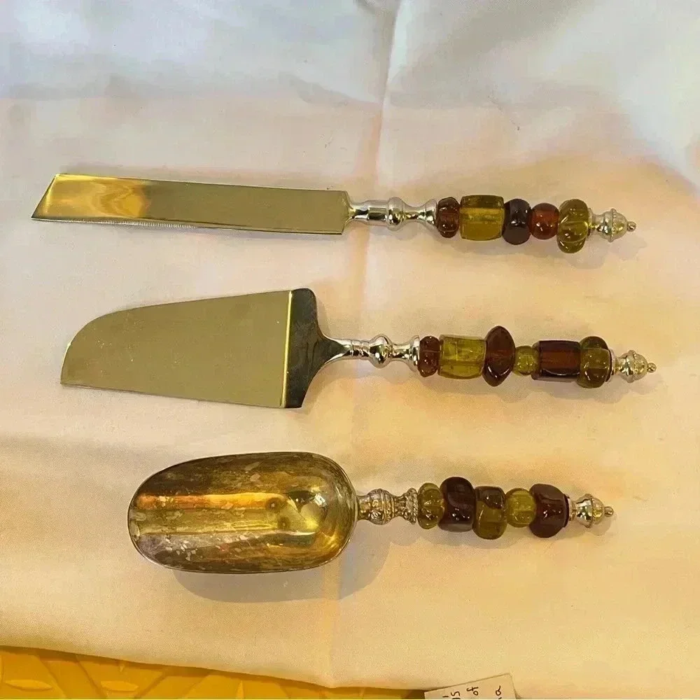 Vintage 1970s Silver Plated Green and Amber Beaded Party Serveware Set of 8